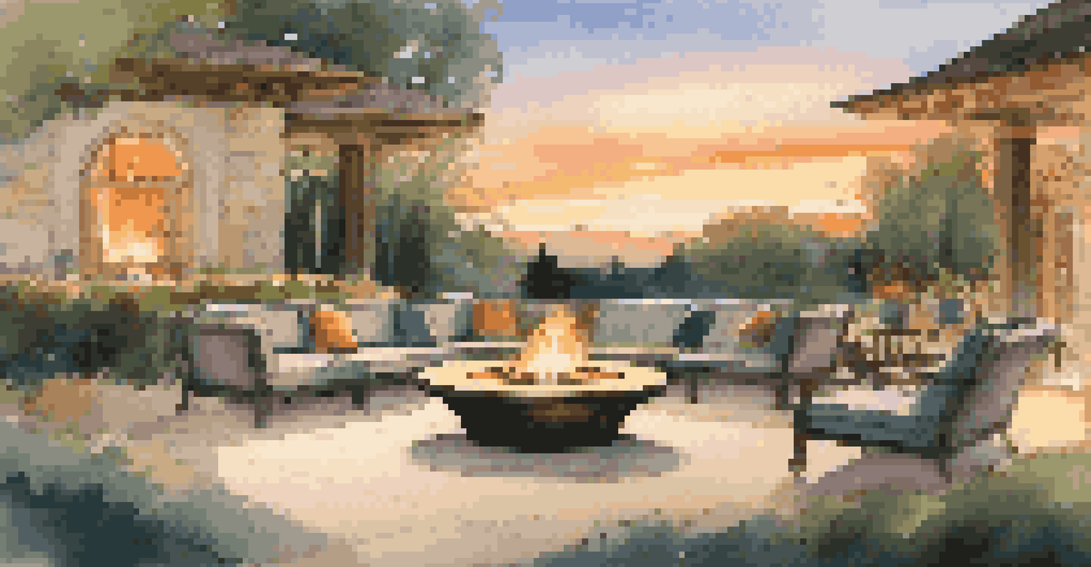 An outdoor area with a fire pit and seating, where guests are enjoying cocktails during sunset in a luxury retreat.