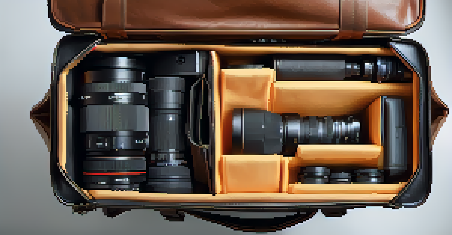 A close-up of an open high-end camera bag showing a camera and lenses inside, highlighting its padded compartments and stylish design.