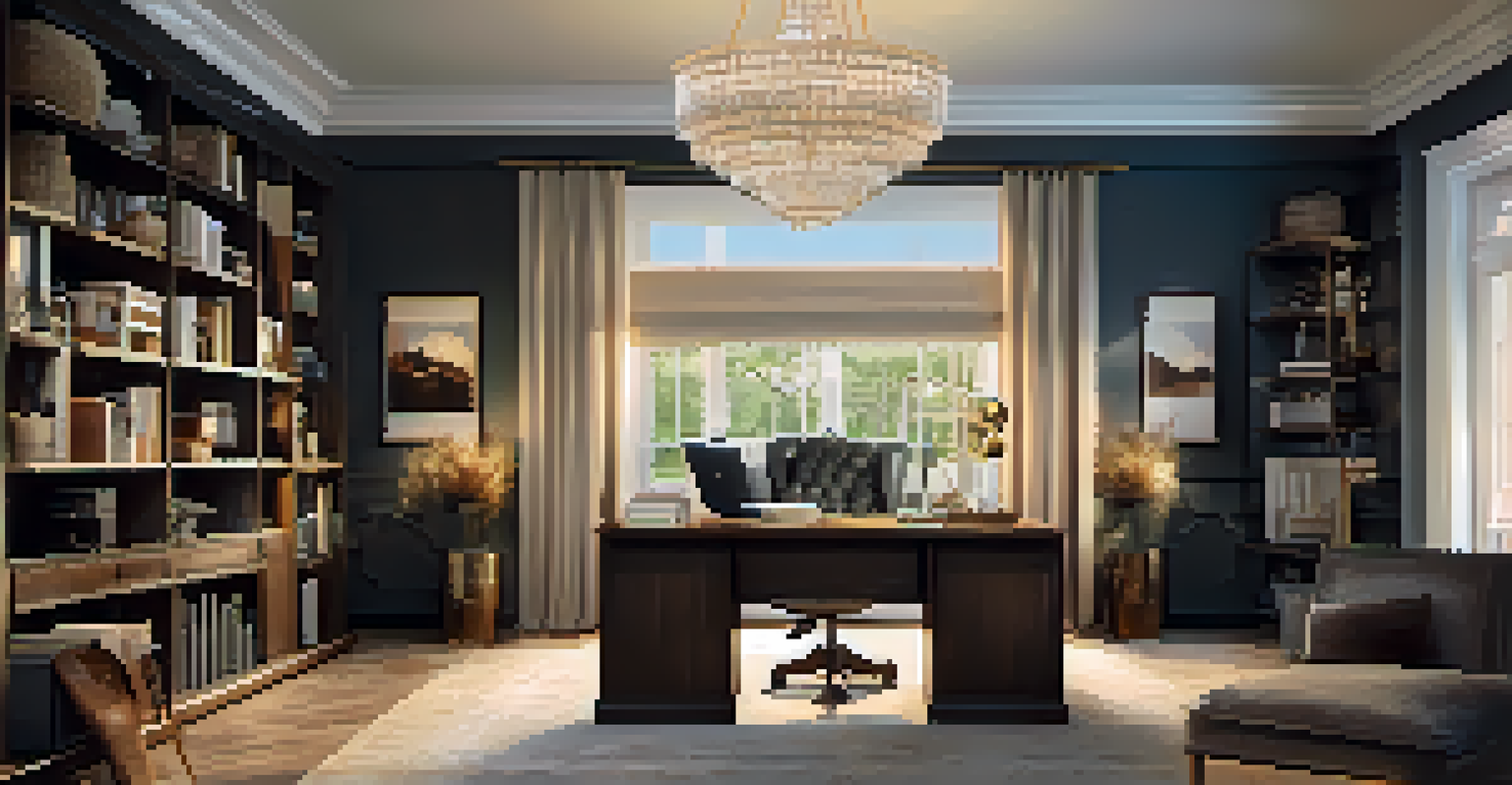 An elegant home office with stylish lighting fixtures and storage solutions.
