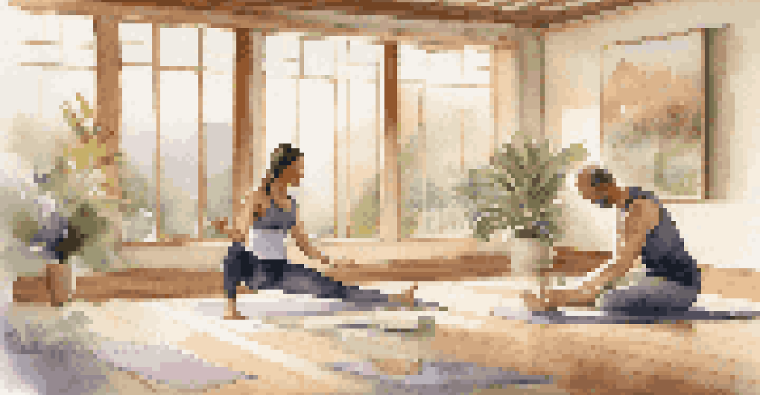 A personal training session at a wellness retreat, featuring a trainer assisting a participant in a meditative yoga pose, with a calming environment.