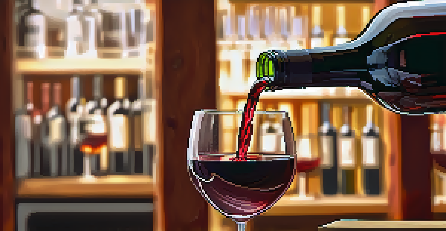 A sommelier pouring red wine into a glass in a rustic winery setting.