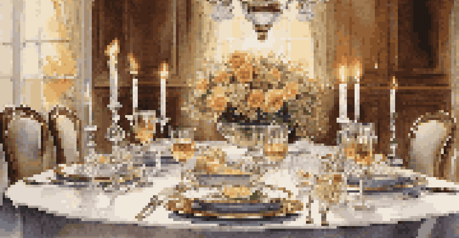 An elegant dining table set with gourmet food, fine china, crystal glasses, and candlelight, epitomizing luxury dining.