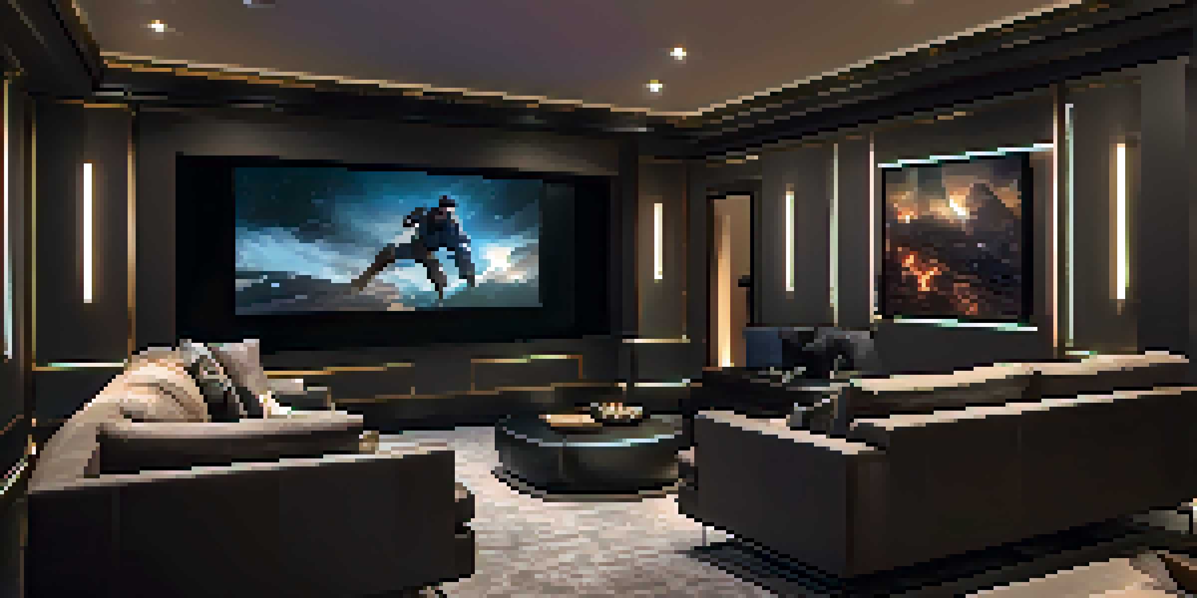 A luxurious home theater room with an 8K TV, plush seating, and ambient lighting.