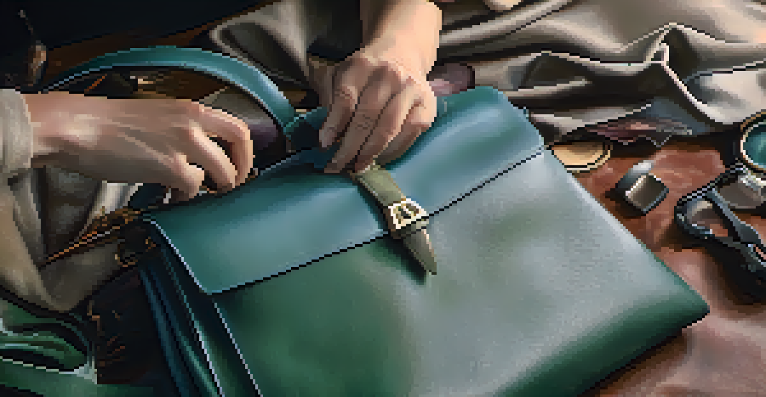 Artisan's hands crafting a luxury handbag from sustainable materials, with tools and fabric swatches visible.