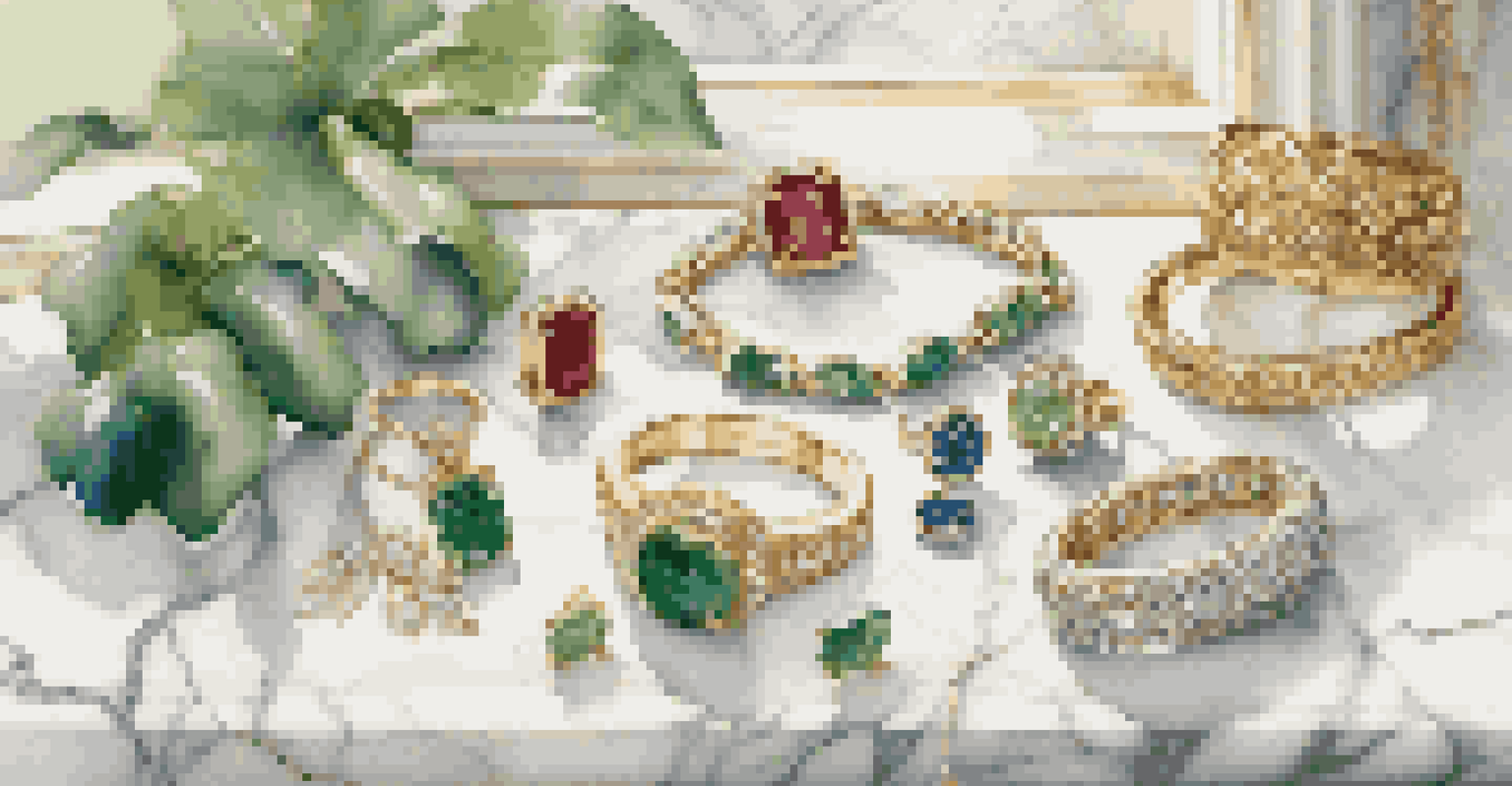 An artistic arrangement of luxury jewelry pieces on a marble surface, illuminated by natural light, with a green plant in the background.