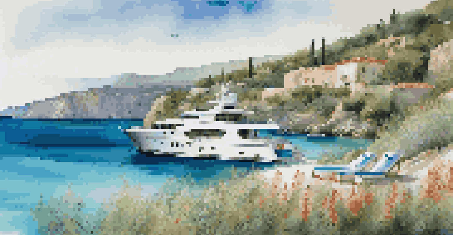 A private yacht in a secluded Mediterranean cove, with elegant outdoor dining and beautiful turquoise waters.