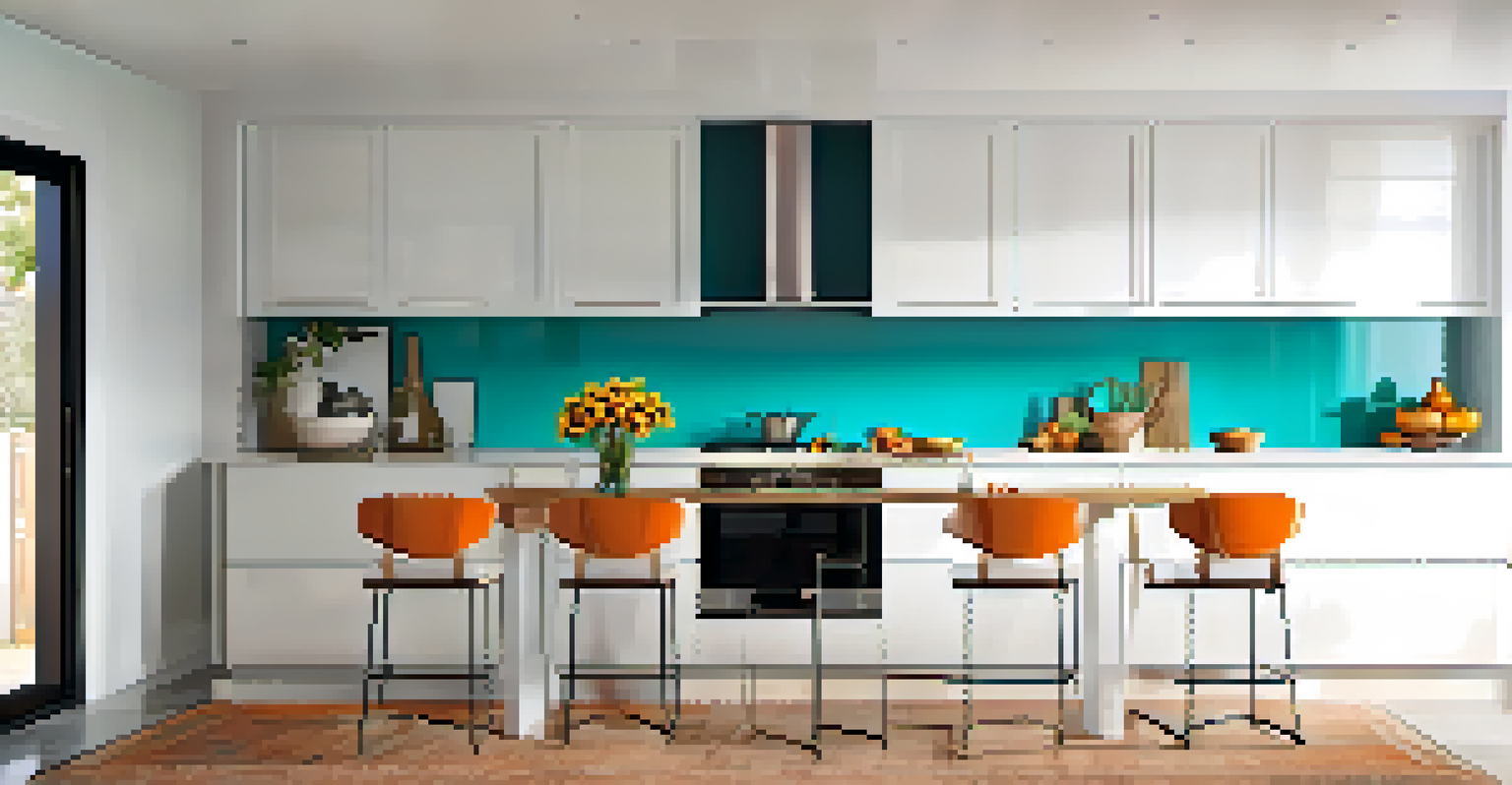 A modern kitchen with a turquoise backsplash, white cabinets, and vibrant decor, illuminated by natural light.