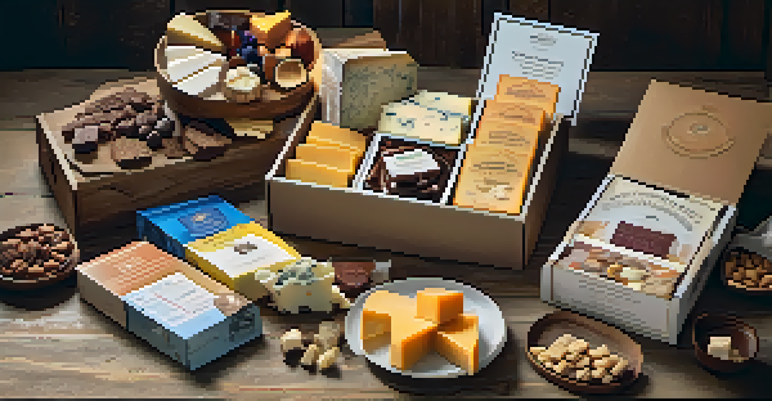 A gourmet food subscription box filled with artisanal cheeses and gourmet treats on a rustic table.
