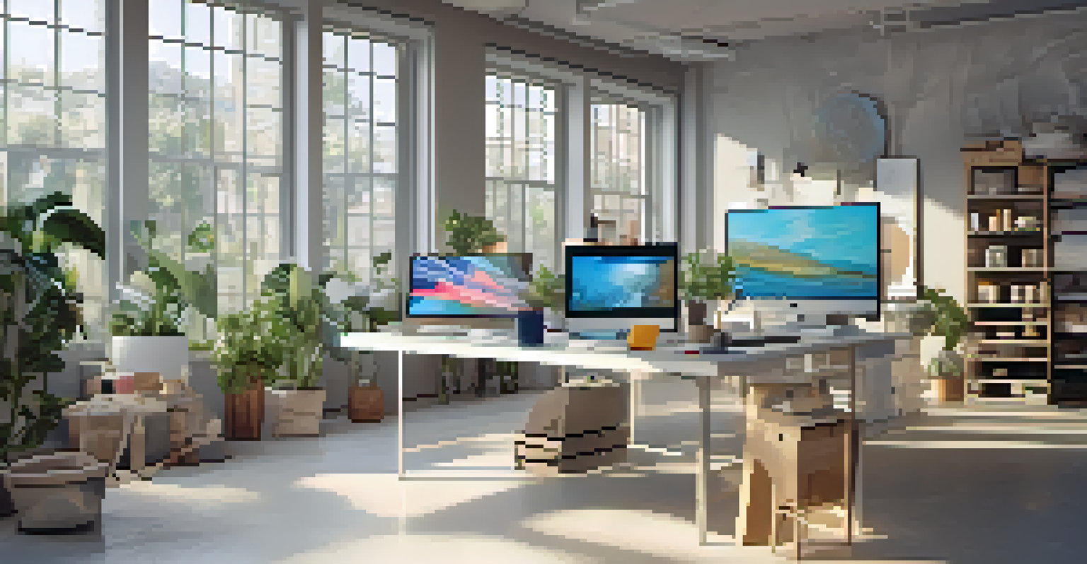 A designer's workspace filled with organic fabrics, a 3D printer, and natural light, showcasing sustainable fashion design.