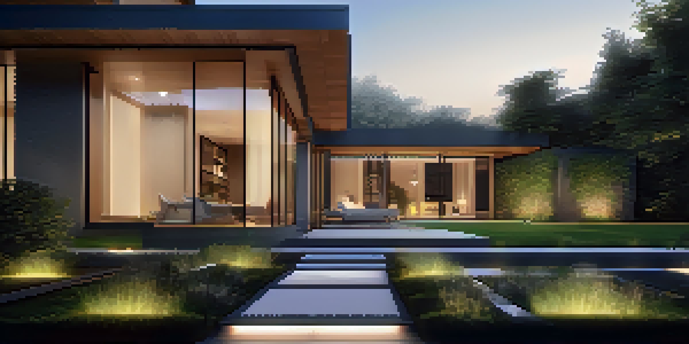 A modern luxury home at twilight with visible motion sensors and ambient lighting illuminating the entrance and garden.