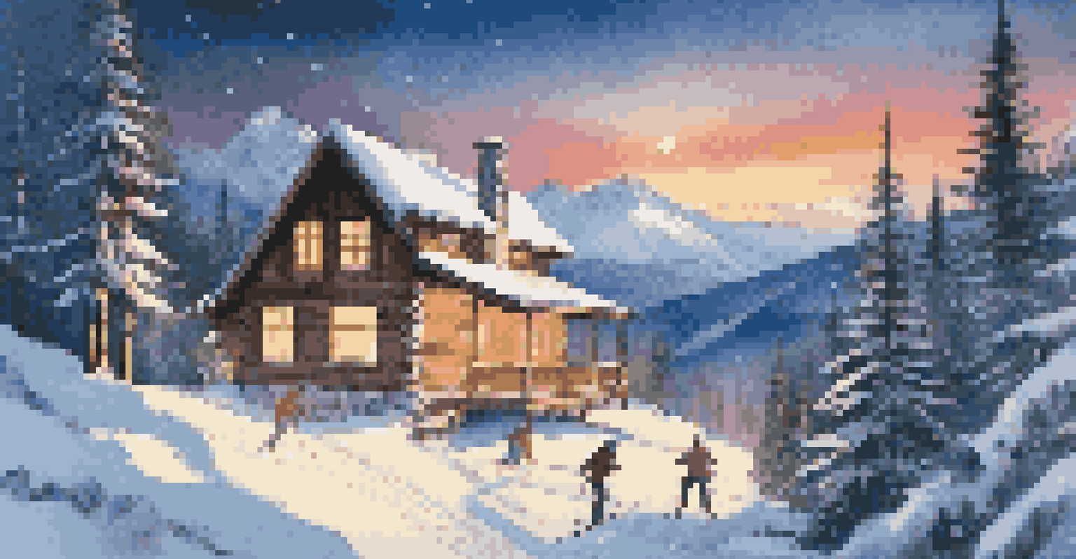 A group of friends skiing in front of a warm, inviting cabin in a snowy mountain setting.