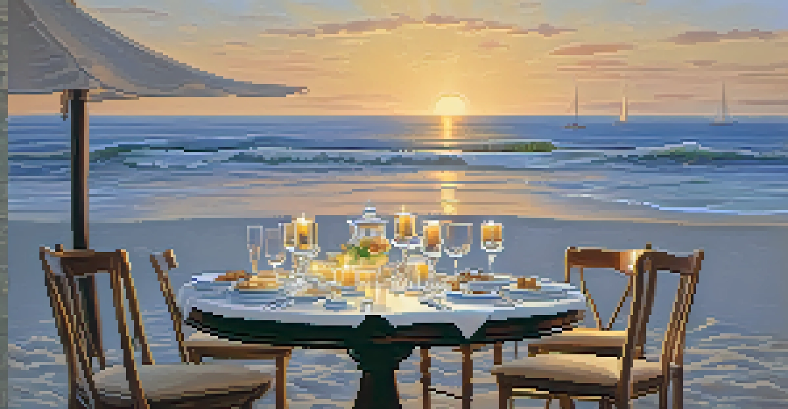 An intimate dining arrangement on a beach at sunset, with fine china, candles, and a musician playing in the background, creating a romantic atmosphere.
