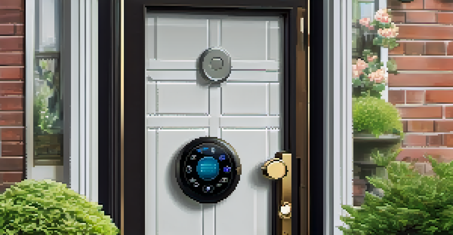 A close-up of a smart lock on a modern front door with a digital keypad and smart doorbell camera.
