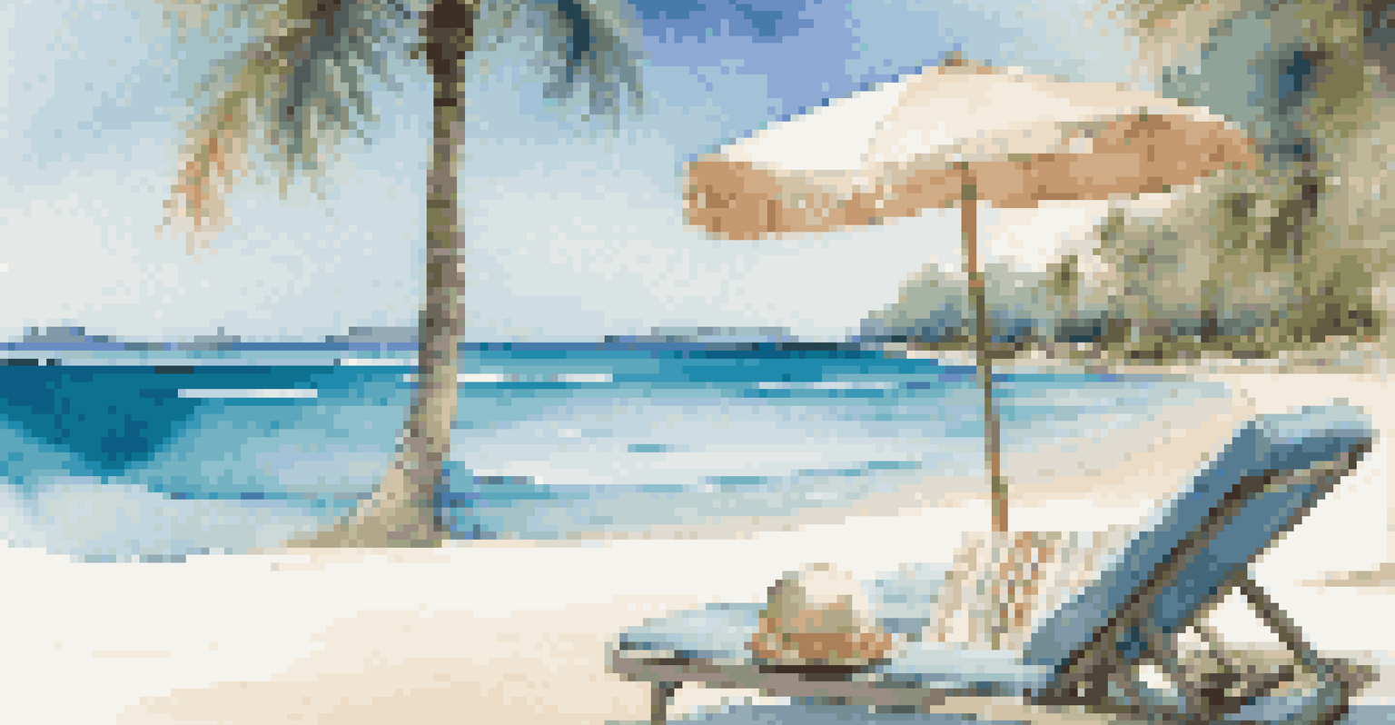 A luxury travel destination with a beautiful beach, turquoise water, and palm trees.