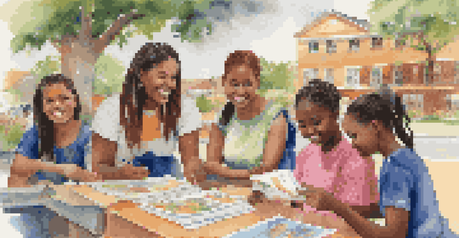 A group of young women participating in a community education program outdoors, surrounded by colorful materials and supportive mentors.