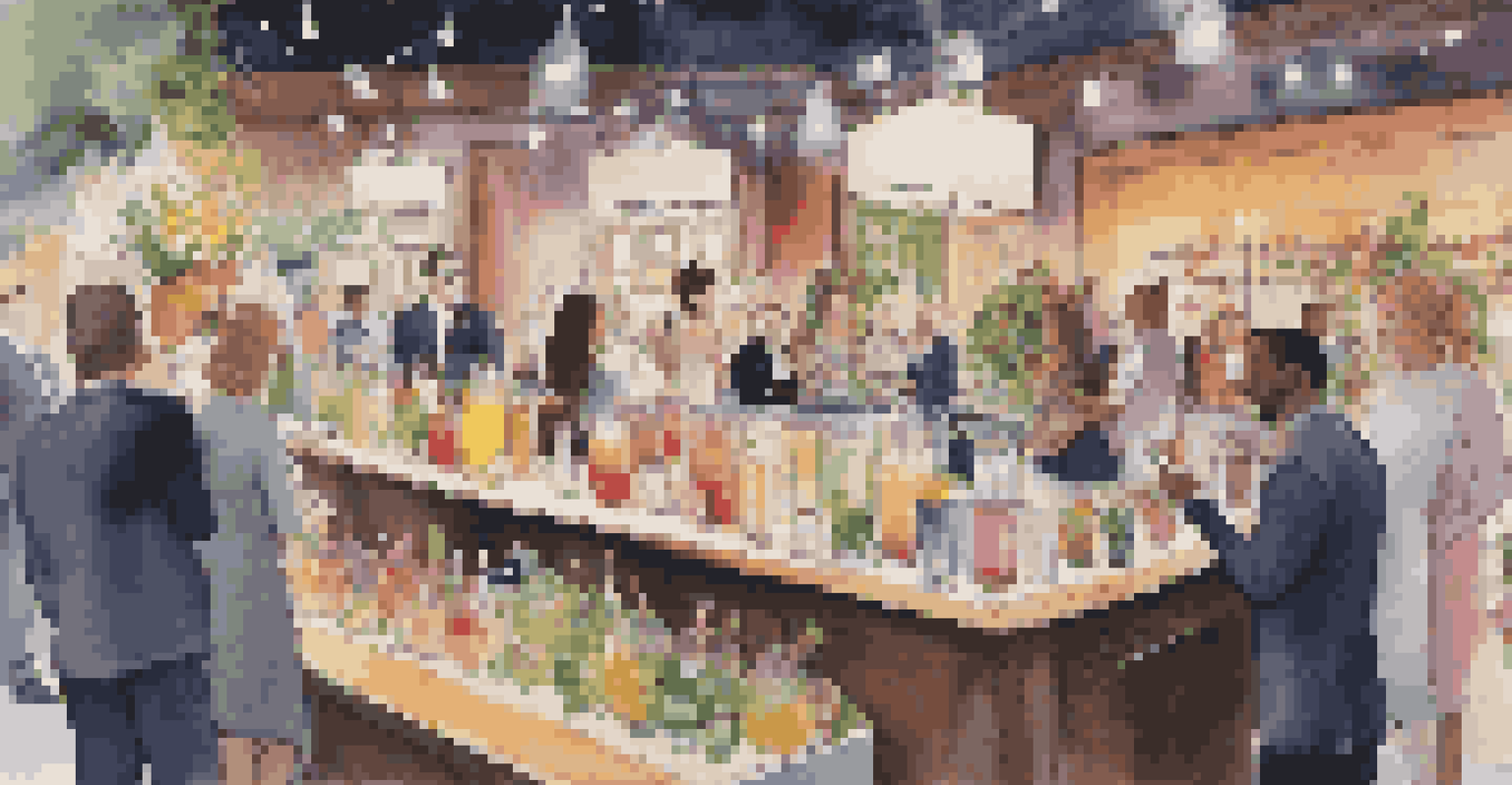 A lively cocktail station with a bartender mixing drinks while guests watch in a festive setting.