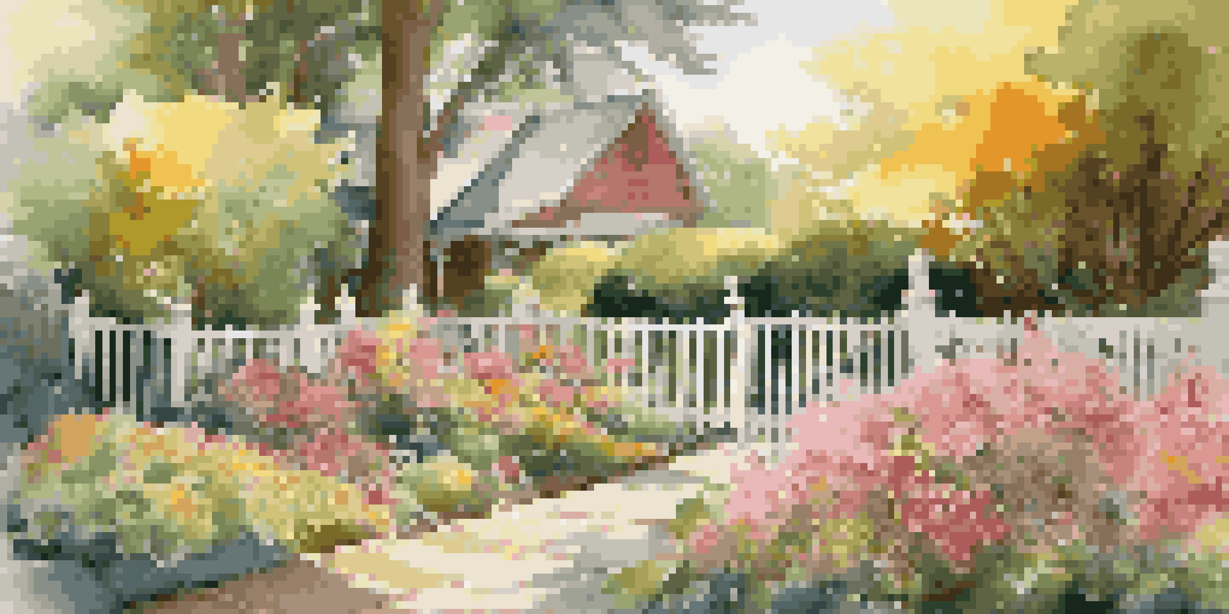 A peaceful garden with a rustic wooden fence and colorful flower beds, bathed in warm sunlight.