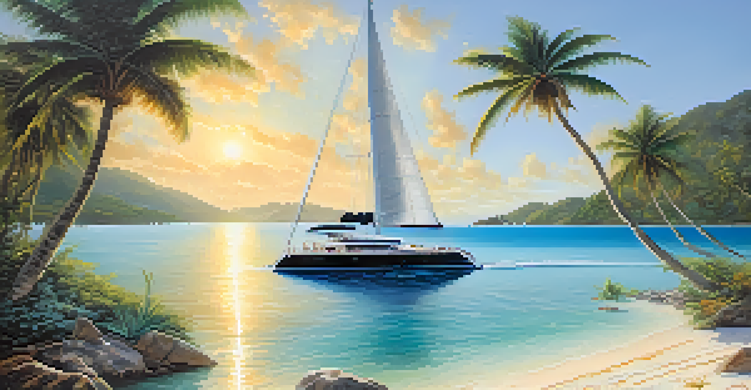 A luxury yacht sailing in the Caribbean's crystal-clear waters, with visible coral reefs and palm trees on a nearby beach.
