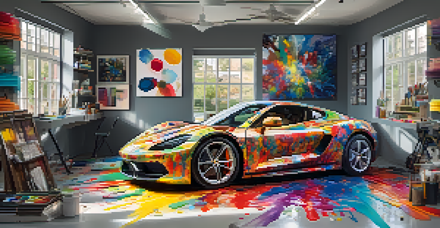 An artist's studio featuring a luxury sports car with a colorful paint design, surrounded by art supplies and natural light from large windows.
