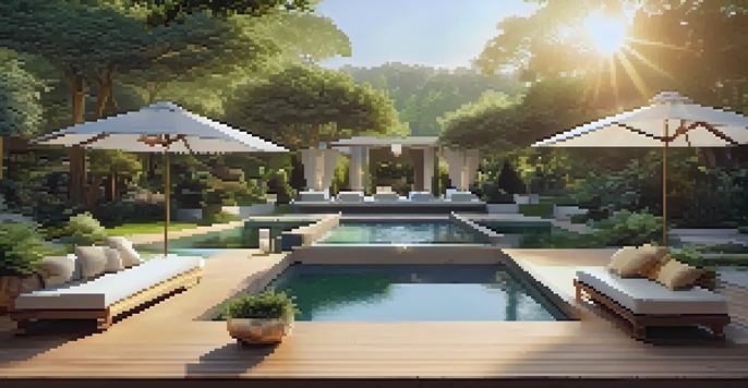 A peaceful outdoor yoga area in a luxury wellness retreat, surrounded by greenery and illuminated by golden hour sunlight.