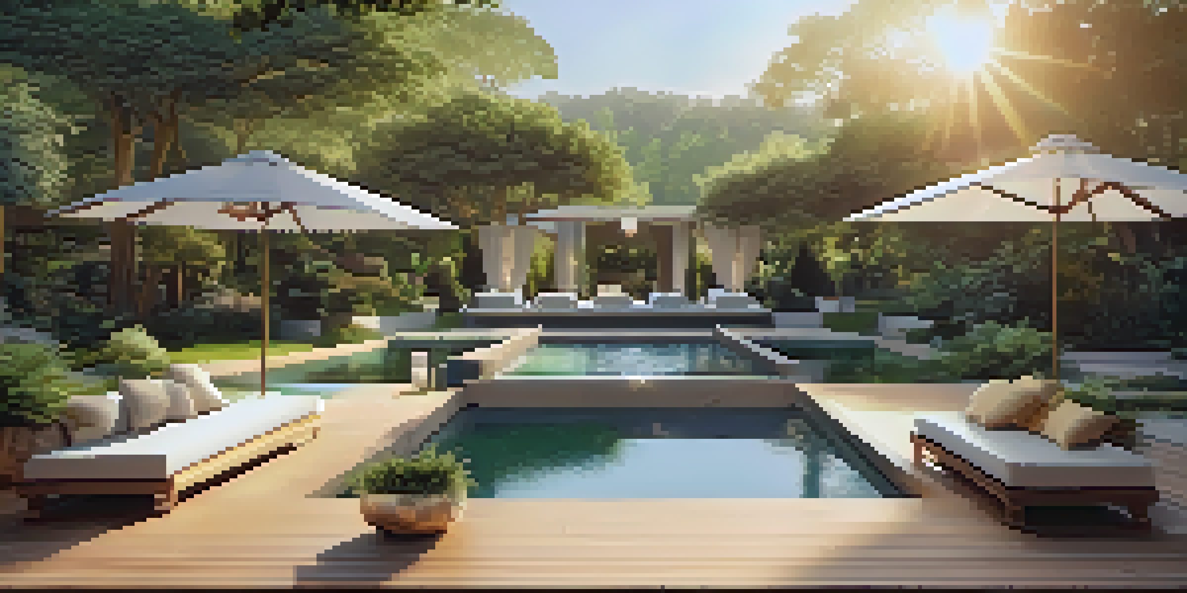 A peaceful outdoor yoga area in a luxury wellness retreat, surrounded by greenery and illuminated by golden hour sunlight.