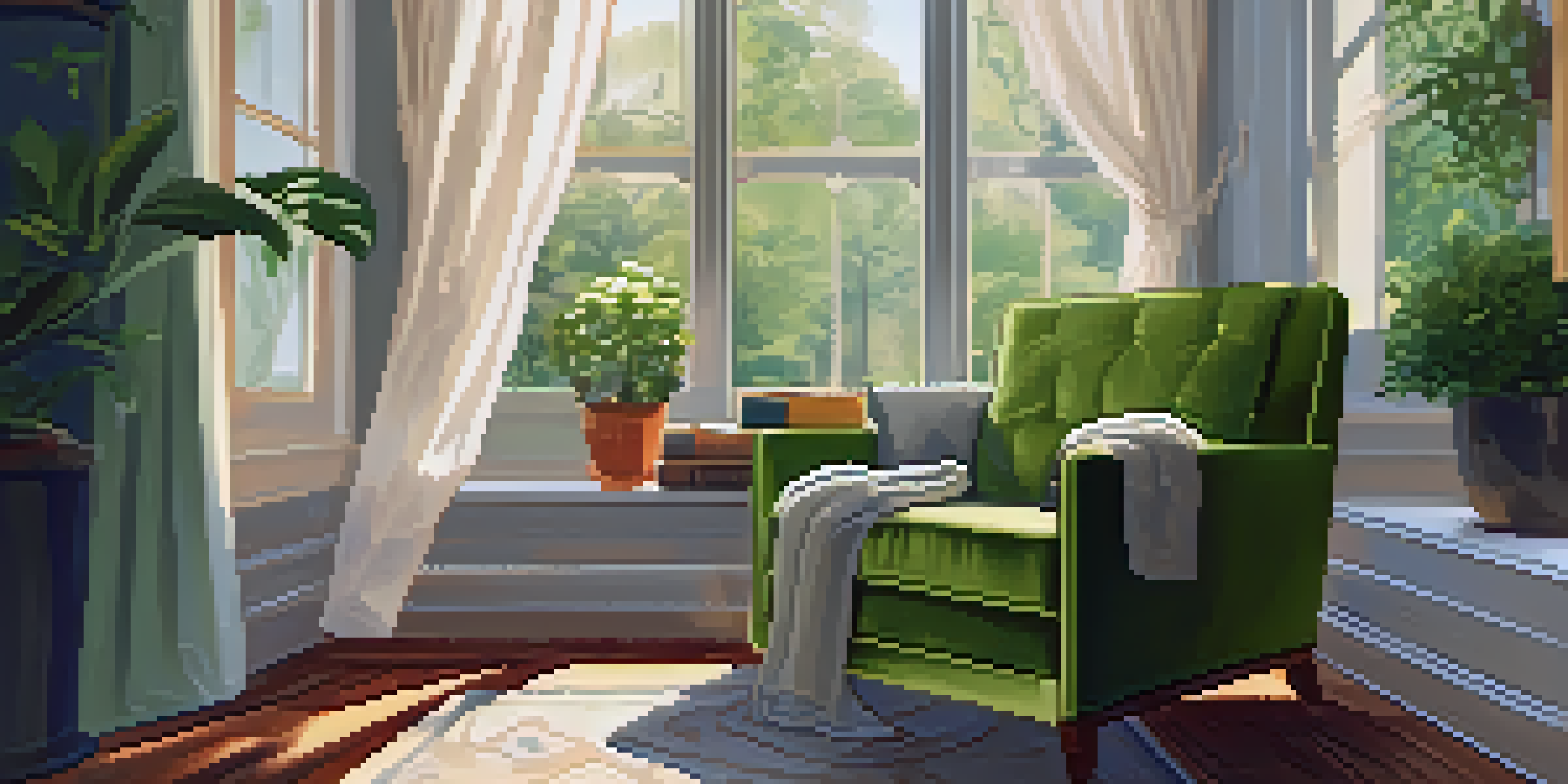 A warm and inviting reading nook with a comfortable chair by a sunny window, a side table with a cup of tea, and green plants.