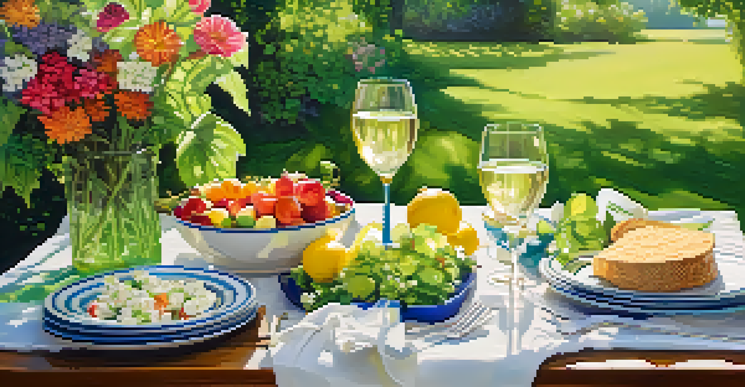 A summer picnic setup featuring Riesling wine and feta cheese salad, surrounded by greenery and flowers.