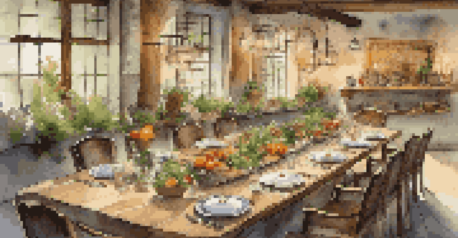 A communal dining table set with colorful gourmet dishes, decorated with rustic tableware and candlelight.