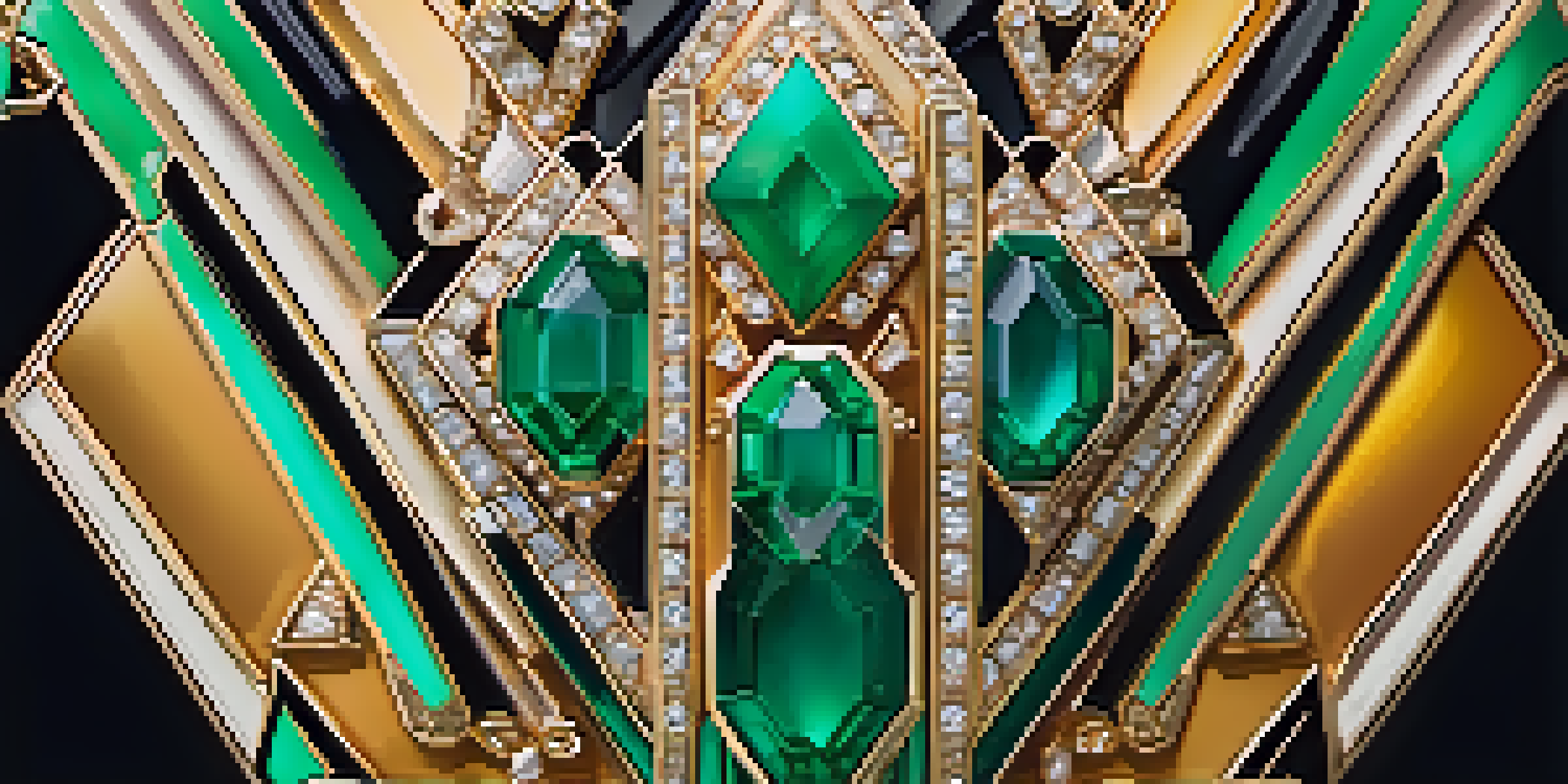 Close-up of an Art Deco-inspired necklace with geometric designs, emeralds, and diamonds against a soft gradient background.
