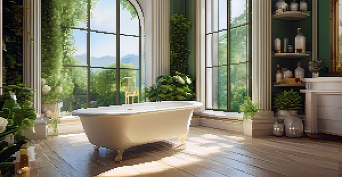 A peaceful bathroom with a filled bathtub, surrounded by organic bath products and greenery, illuminated by soft light.