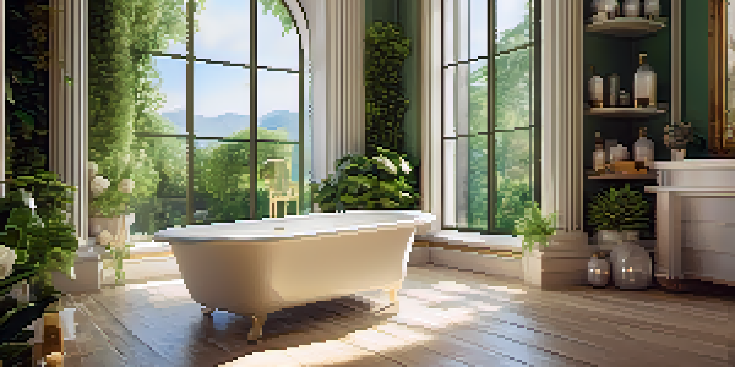 A peaceful bathroom with a filled bathtub, surrounded by organic bath products and greenery, illuminated by soft light.