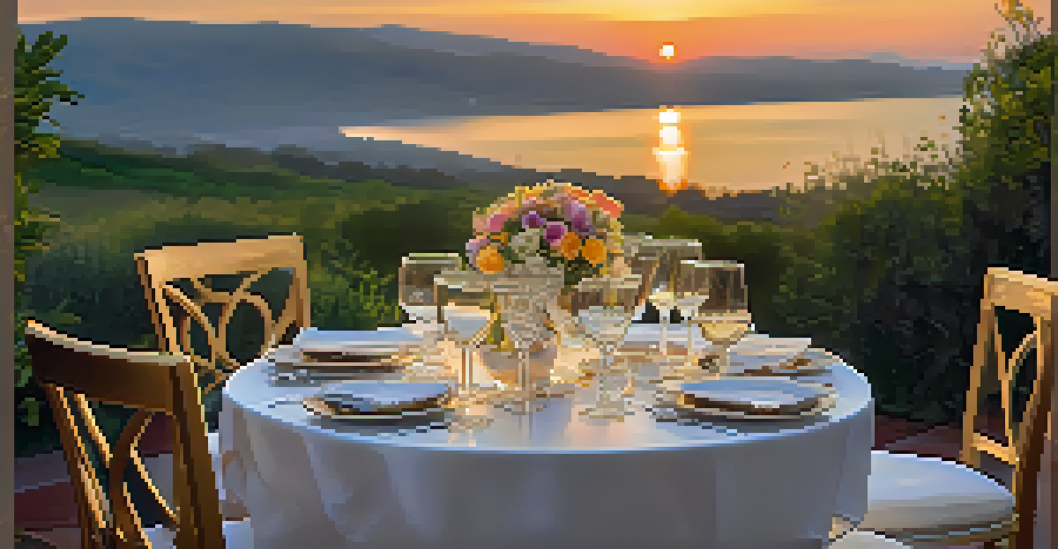 An outdoor dining table set with fine china and flowers, illuminated by a sunset.