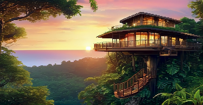 A treehouse luxury eco-resort surrounded by lush greenery at sunset.