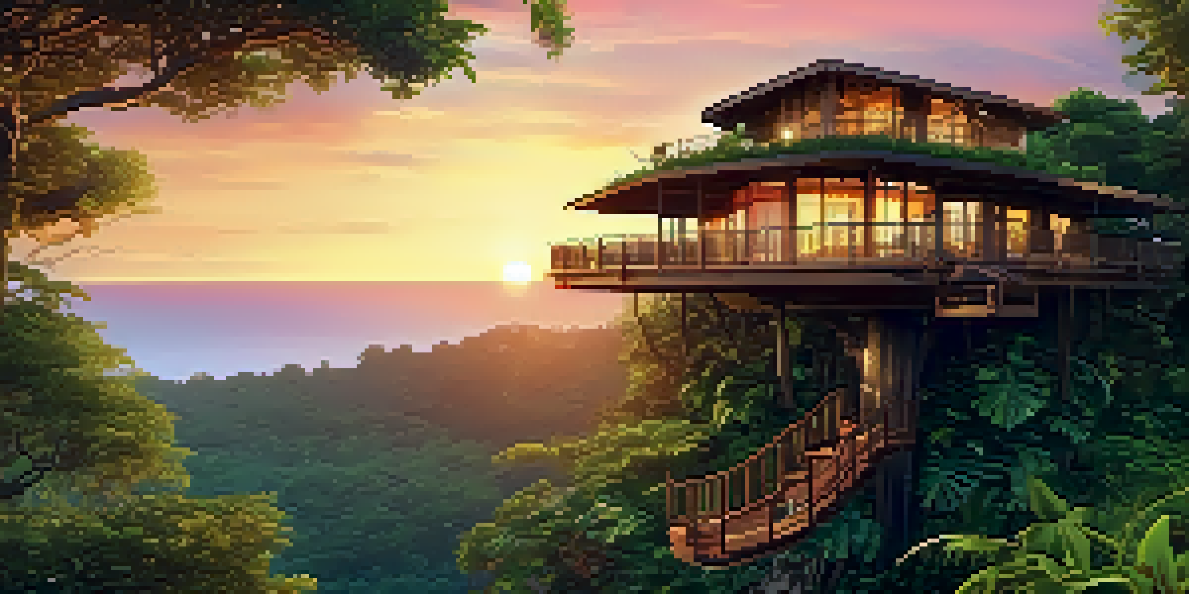 A treehouse luxury eco-resort surrounded by lush greenery at sunset.