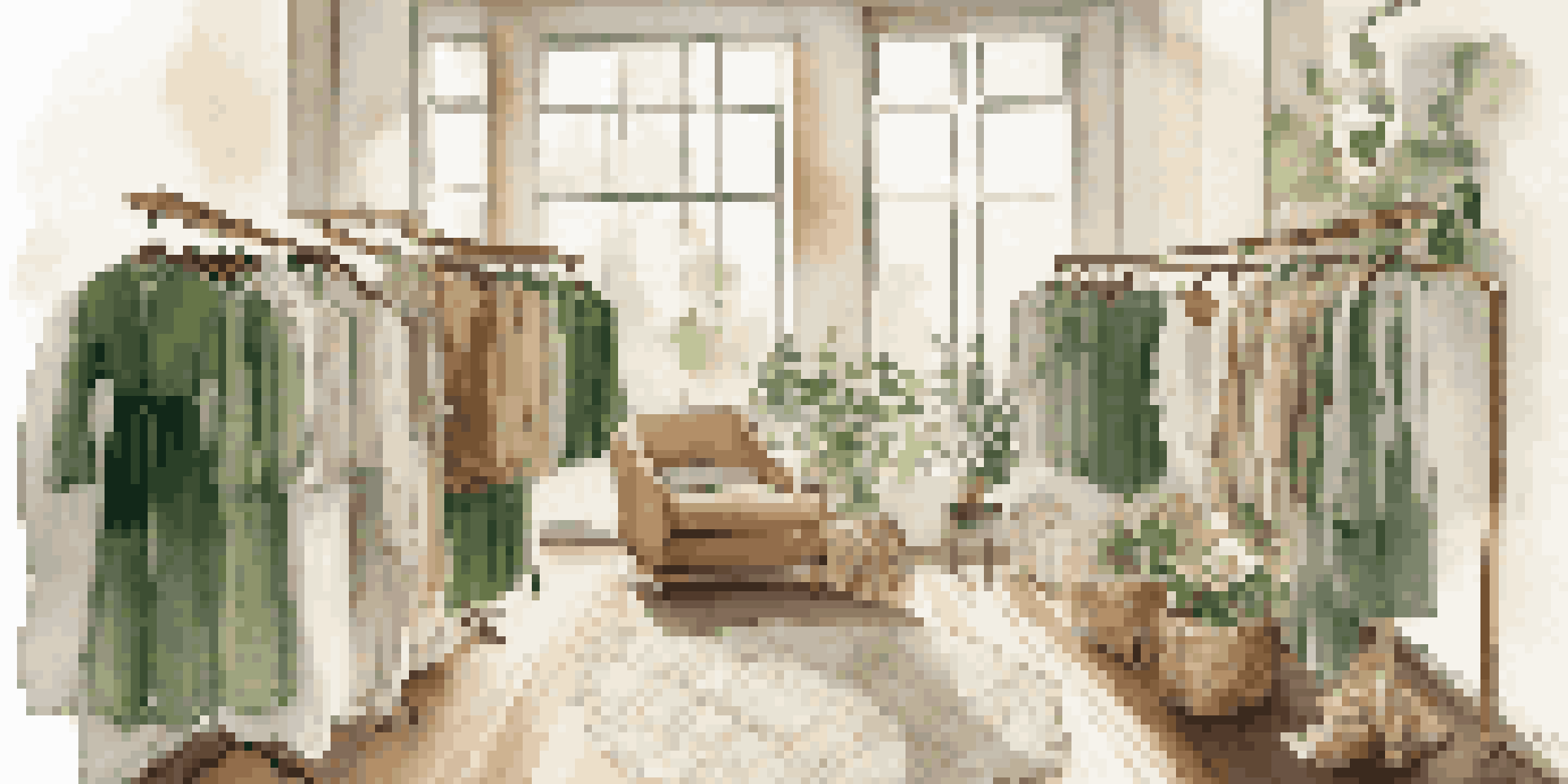 A clothing rack filled with high-end sustainable fashion items showcasing organic and recycled materials under natural sunlight.
