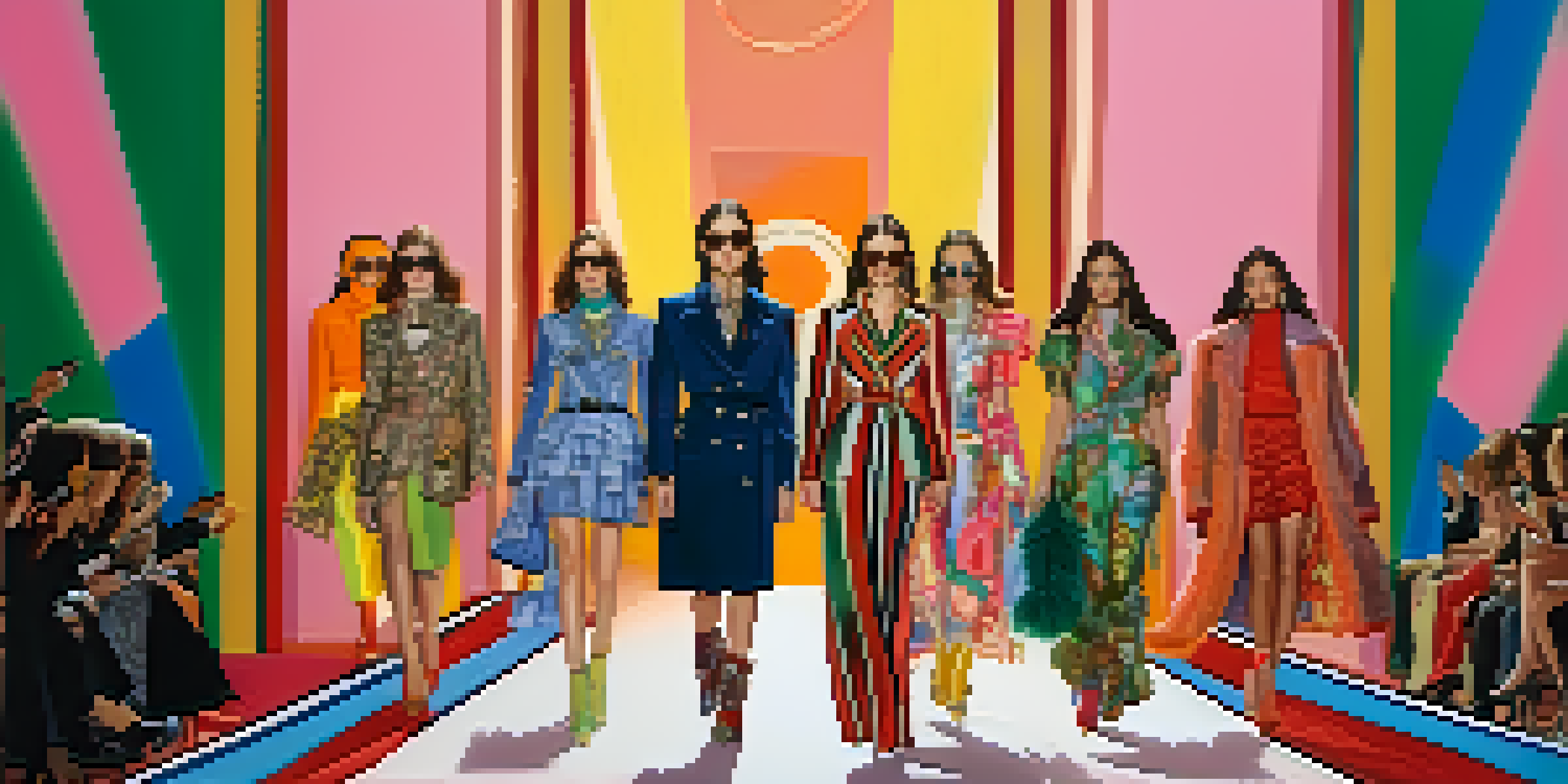 Models showcasing vibrant and eclectic fashion designs on a runway, inspired by Alessandro Michele's Gucci collections.