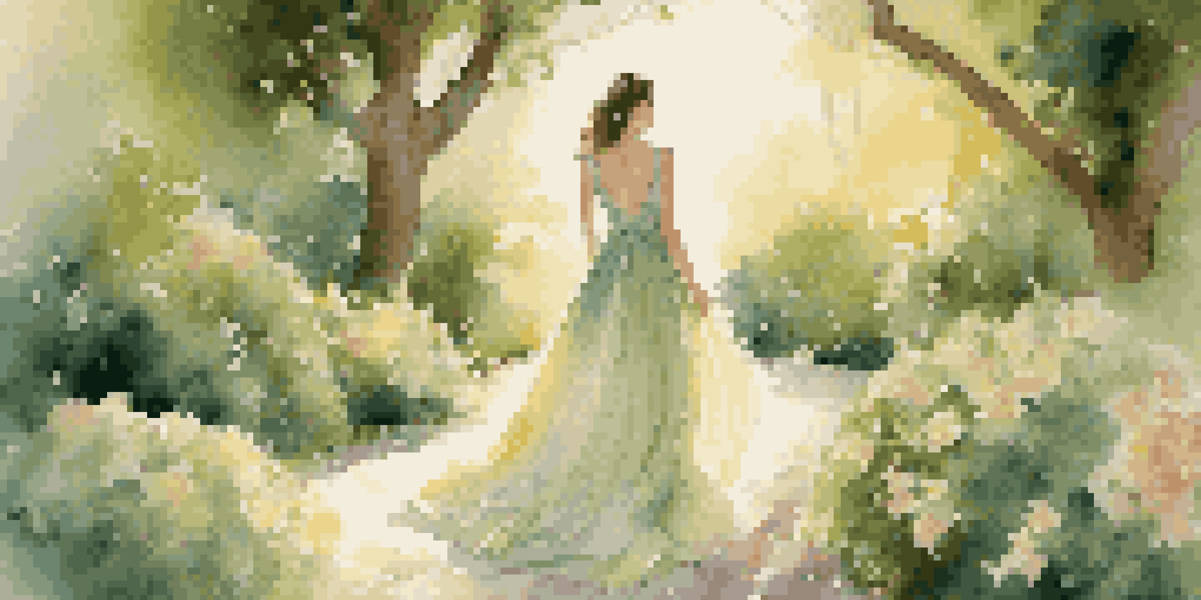 A model in a pastel gown stands in a sunlit garden filled with flowers, illuminated by golden hour lighting.