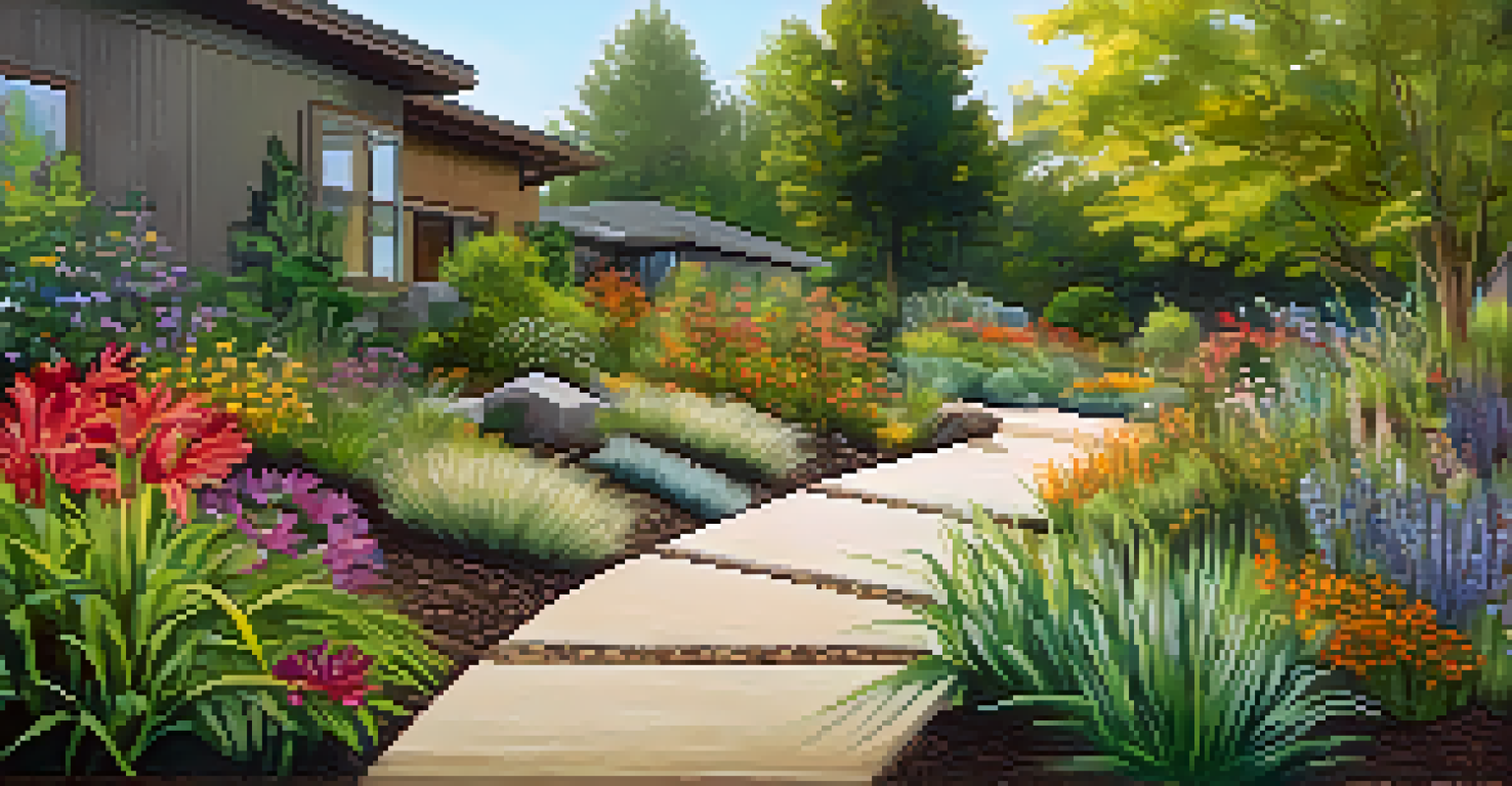 A vibrant rain garden with native plants and a dry creek bed, showcasing sustainability in landscaping.