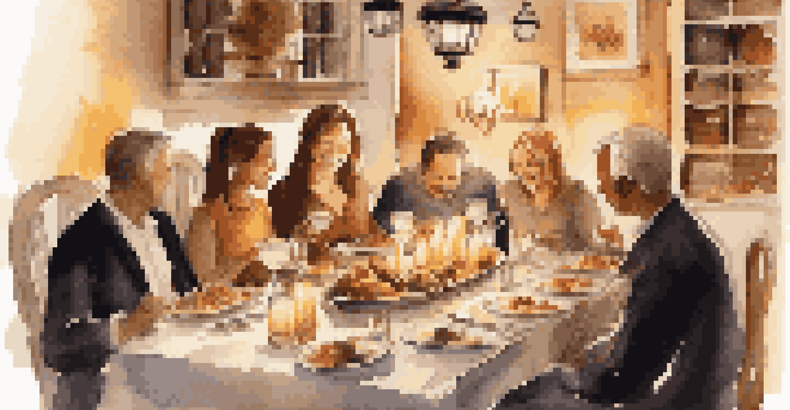 A cozy dining scene with friends enjoying a gourmet dinner around an elegantly set table with warm ambient lighting.