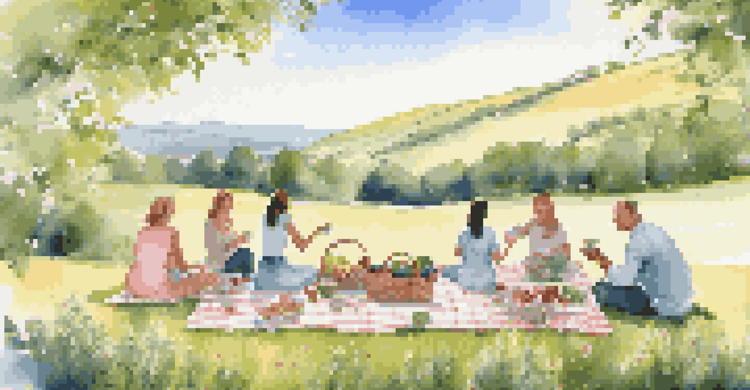 An outdoor gourmet picnic in a meadow, featuring a wellness coach discussing nutrition with clients amidst flowers and rolling hills.