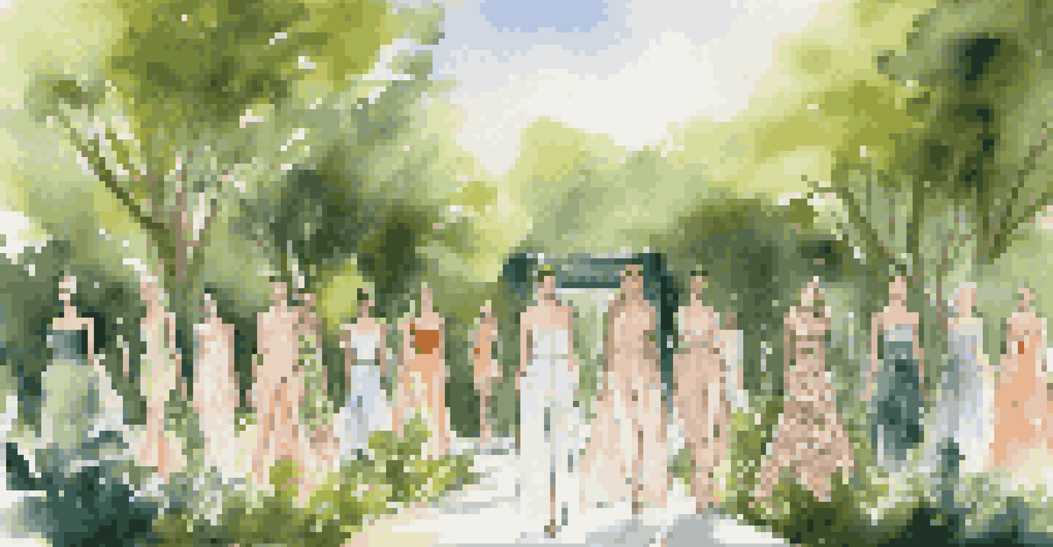 A fashion runway in a park with models showcasing luxury outfits made from sustainable materials, surrounded by greenery and sunlight.
