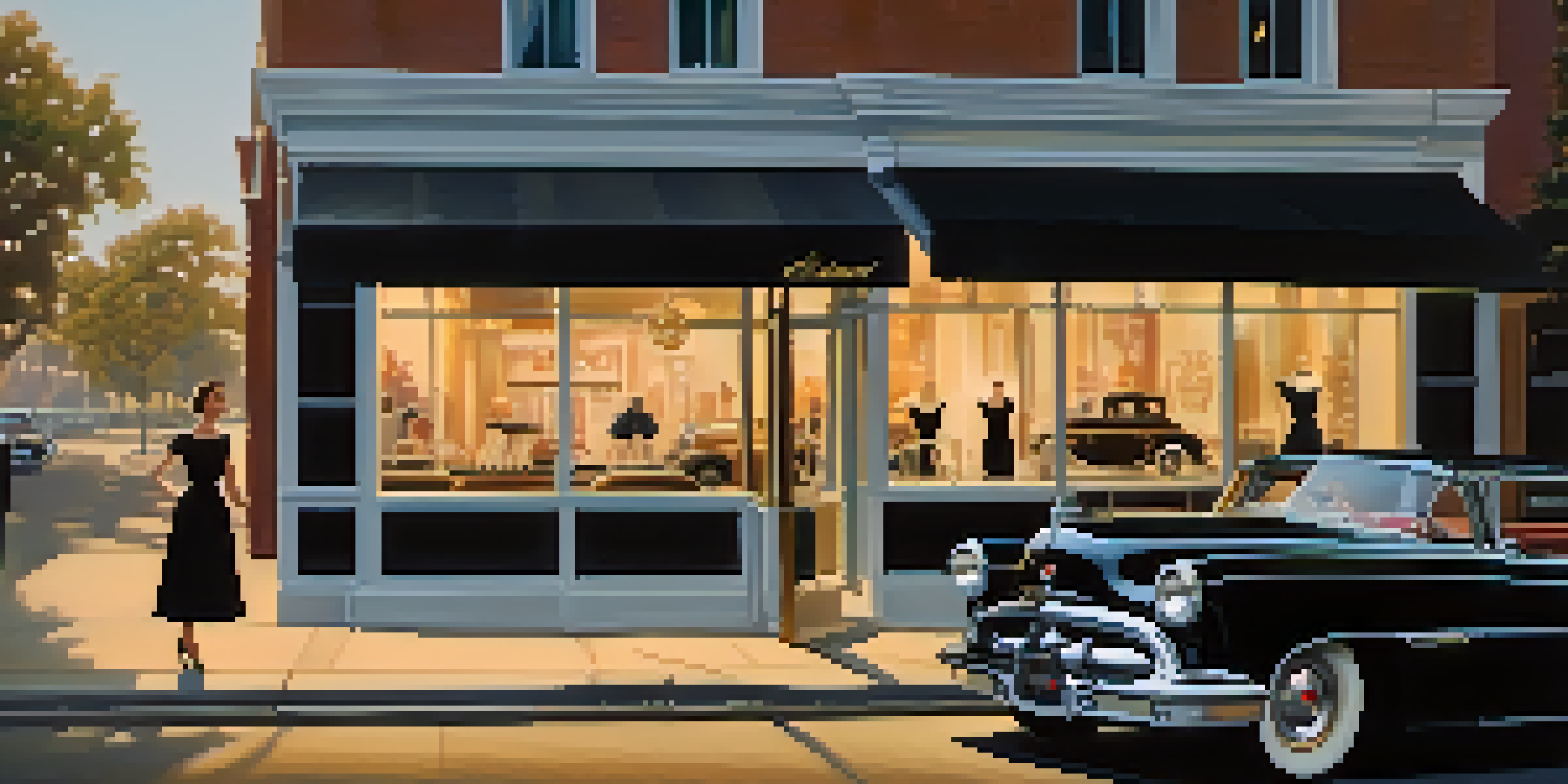 A woman wearing a classic black dress stands outside a jewelry store, surrounded by vintage cars and soft pastel colors during golden hour.