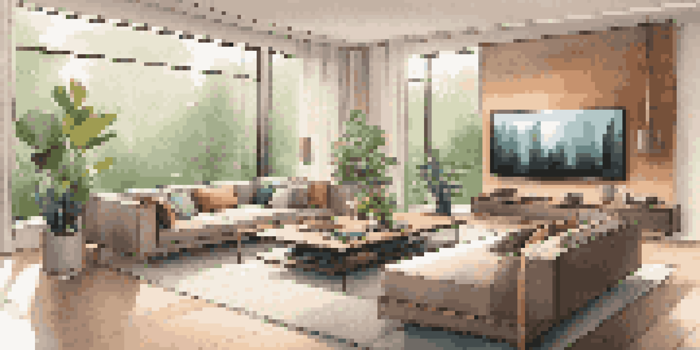 A luxurious living room with automated lighting and a virtual assistant device, showcasing modern decor and large windows with greenery outside.