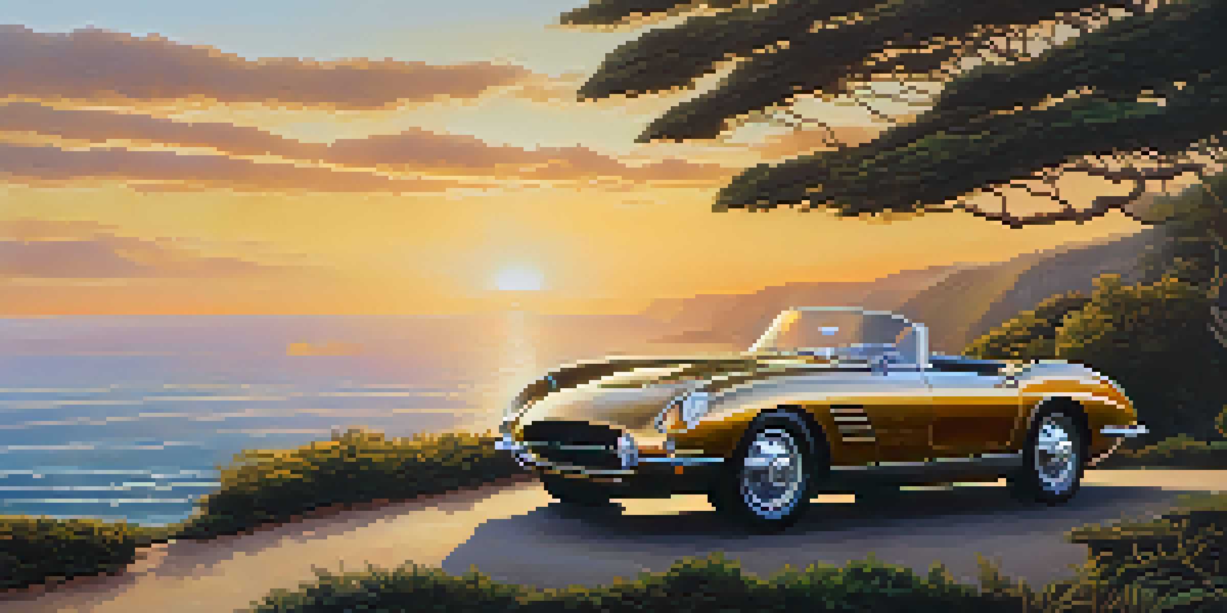 A luxury sports car parked on a cliffside with a sunset over the ocean in the background.