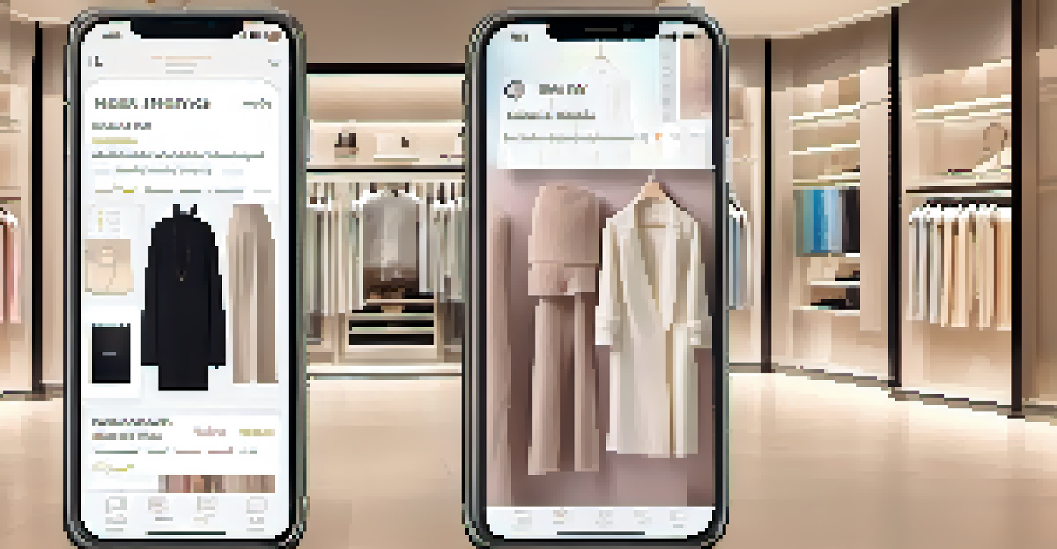 A smartphone showing a chatbot interface with personalized product suggestions in a luxurious fashion boutique setting.