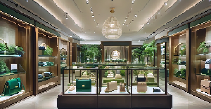 An elegant boutique with transparent display cases showing luxury handbags made from sustainable materials, surrounded by green plants and warm lighting.