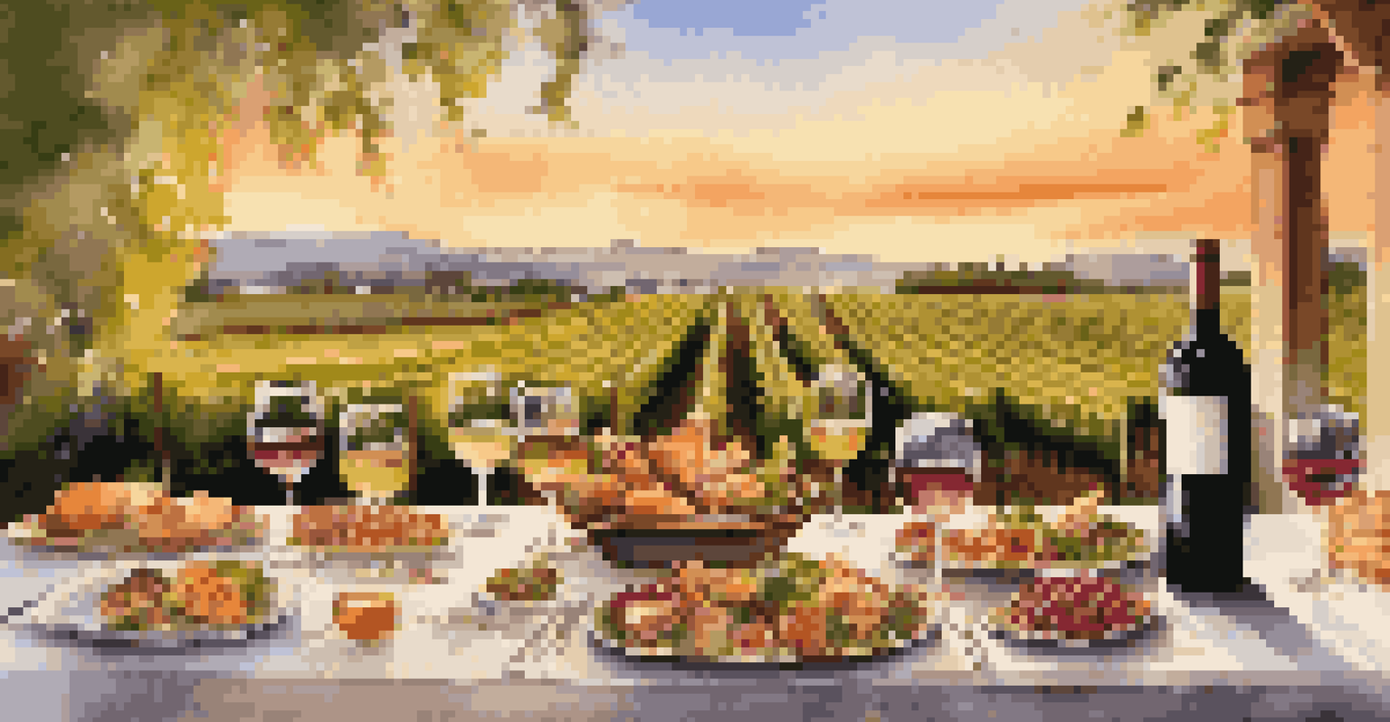 An elegant table set with gourmet dishes and wine glasses against a vineyard backdrop.