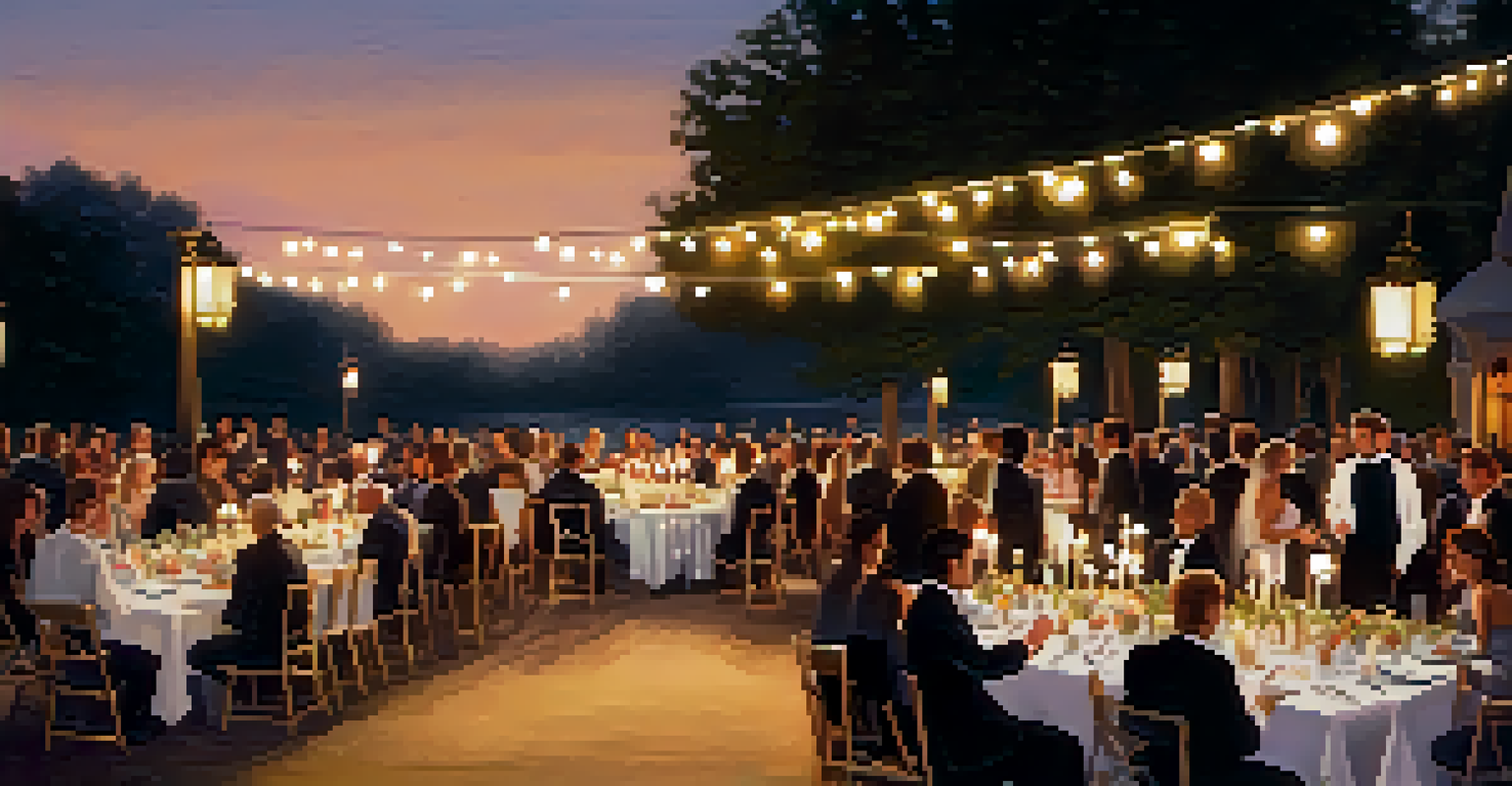 An outdoor gala with elegantly set tables, candlelight, and string lights under a starlit sky, with guests enjoying the event.