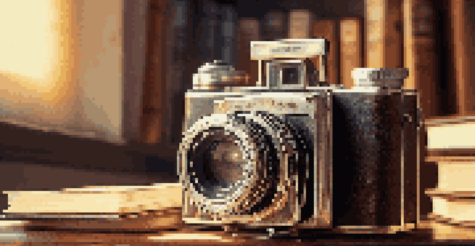 A close-up of a vintage camera on a wooden table with photography books in the background.