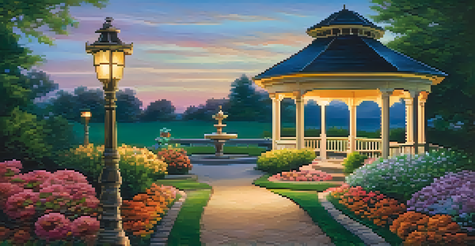 A garden path illuminated by solar lights leading to a gazebo, surrounded by flowers under a twilight sky.